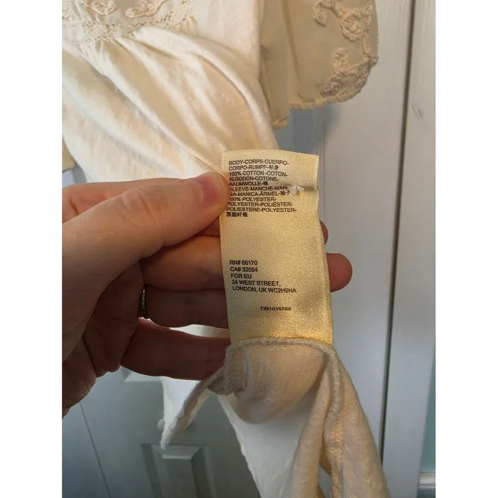 Anthropologie Delilah Blouse Cream Embroidered Puff-Sleeve Top Size Small